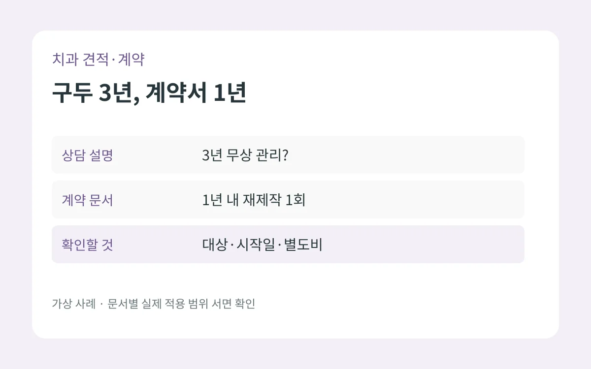 가상 치과 사후관리 상담의 3년 무상 설명과 계약서의 1년 내 재제작 1회 조건을 대조하는 표