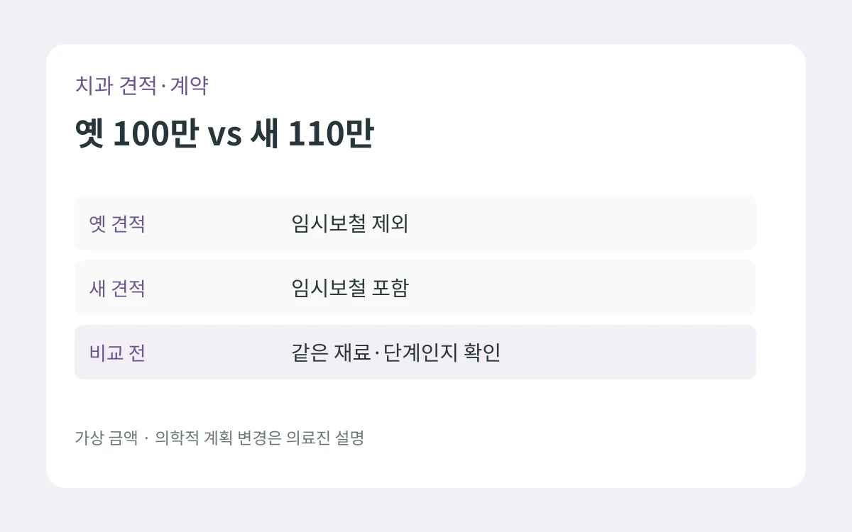 치과 옛 견적 100만 원은 임시보철 제외, 새 견적 110만 원은 포함이라 단순 인상 비교를 보류한 표