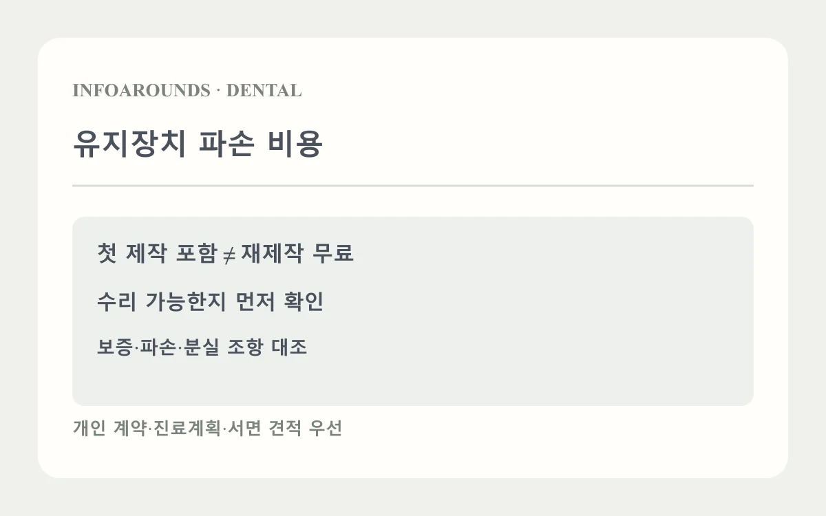유지장치 파손 비용: 수리 가능?; 재제작 범위?; 보증·추가비?. 자체 제작 교정 비용 설명도